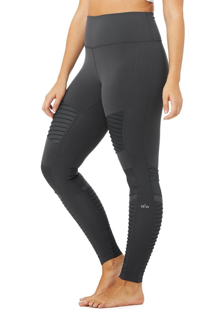 Legginsy Alo Yoga High-Stanem Moto Damskie Ciemny Szare | KTQPY2974