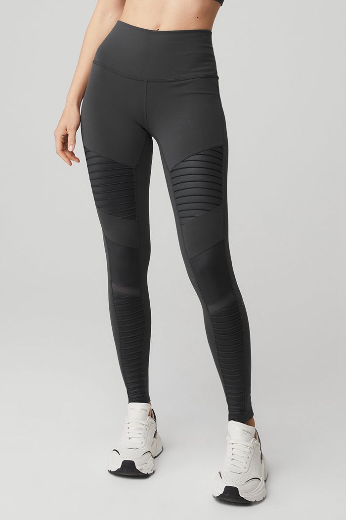 Legginsy Alo Yoga High-Stanem Moto Damskie Ciemny Szare | KTQPY2974