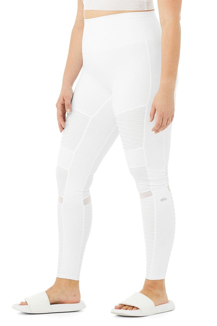 Legginsy Alo Yoga High-Stanem Moto Damskie Białe | YNHKP8473