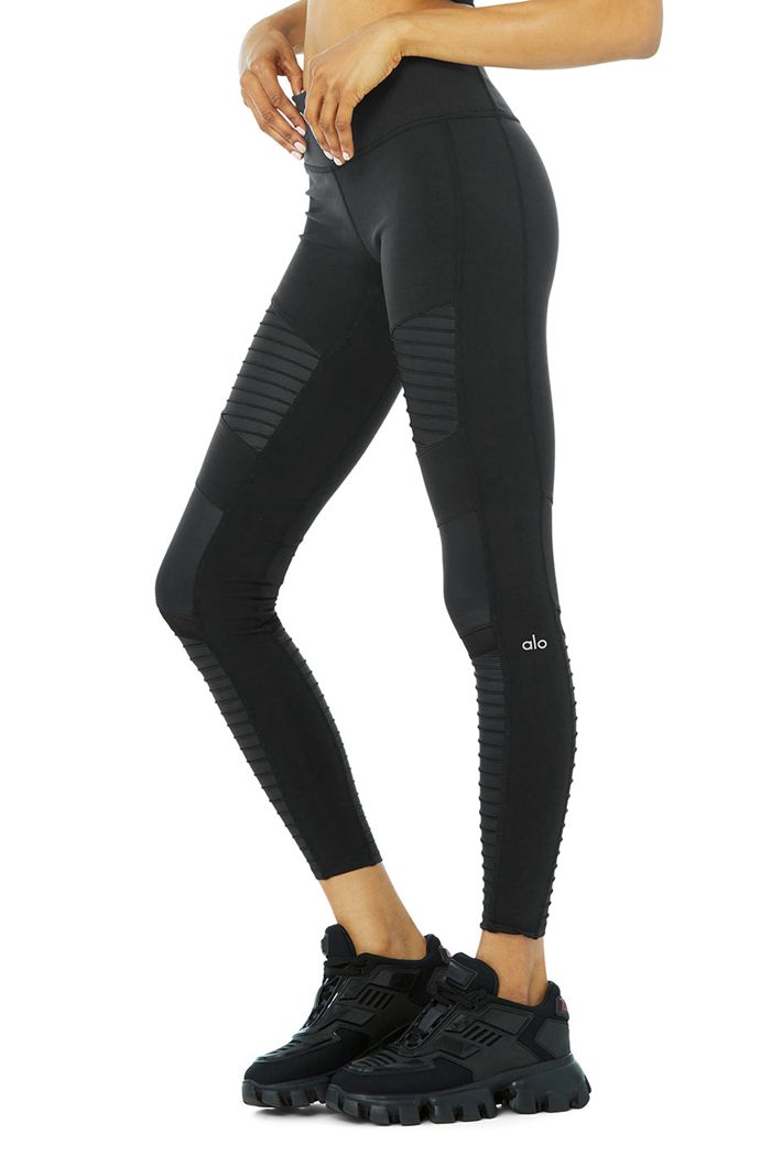 Legginsy Alo Yoga Moto Damskie Czarne | RKLEY5038