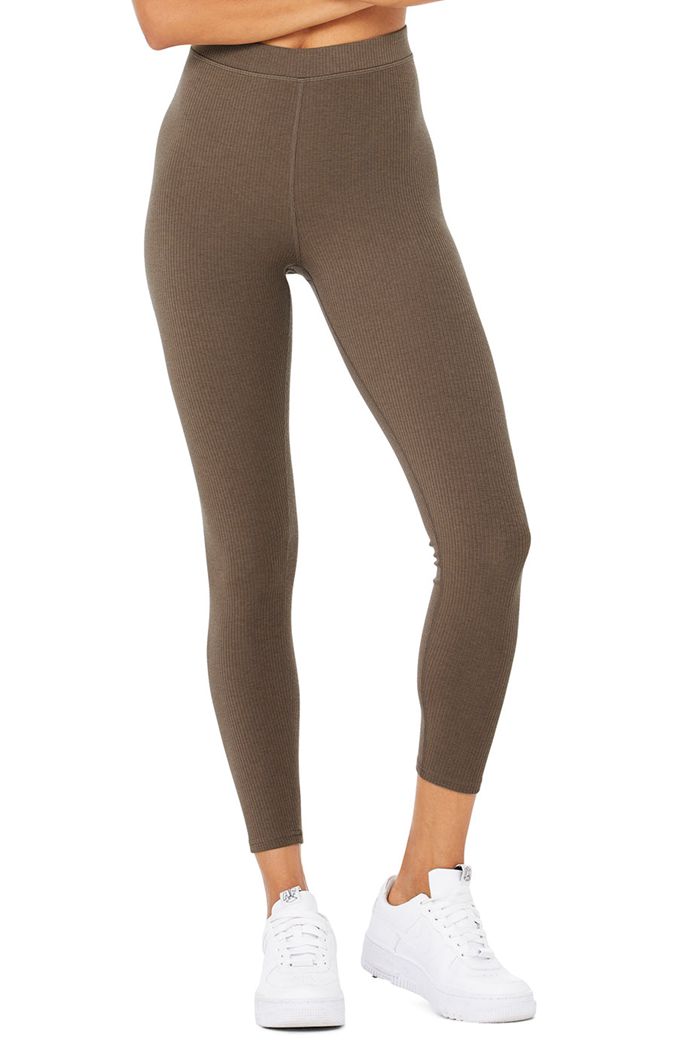 Legginsy Alo Yoga Ribbed High-Stanem 7/8 Blissful Damskie Brązowe | MYJPV8463