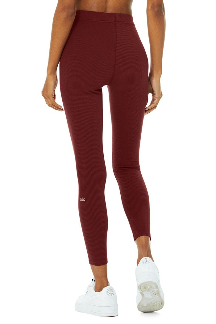 Legginsy Alo Yoga Ribbed High-Stanem 7/8 Blissful Damskie Czerwone | TDALO4057