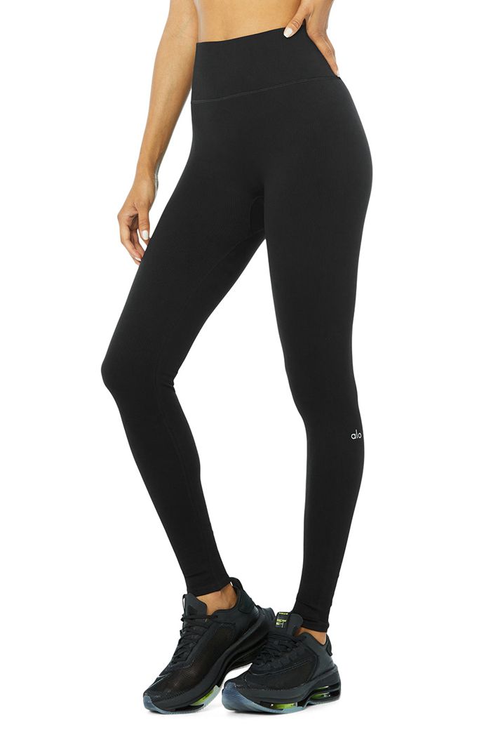 Legginsy Alo Yoga Seamless High-Stanem Ribbed Damskie Czarne | AFESH8071