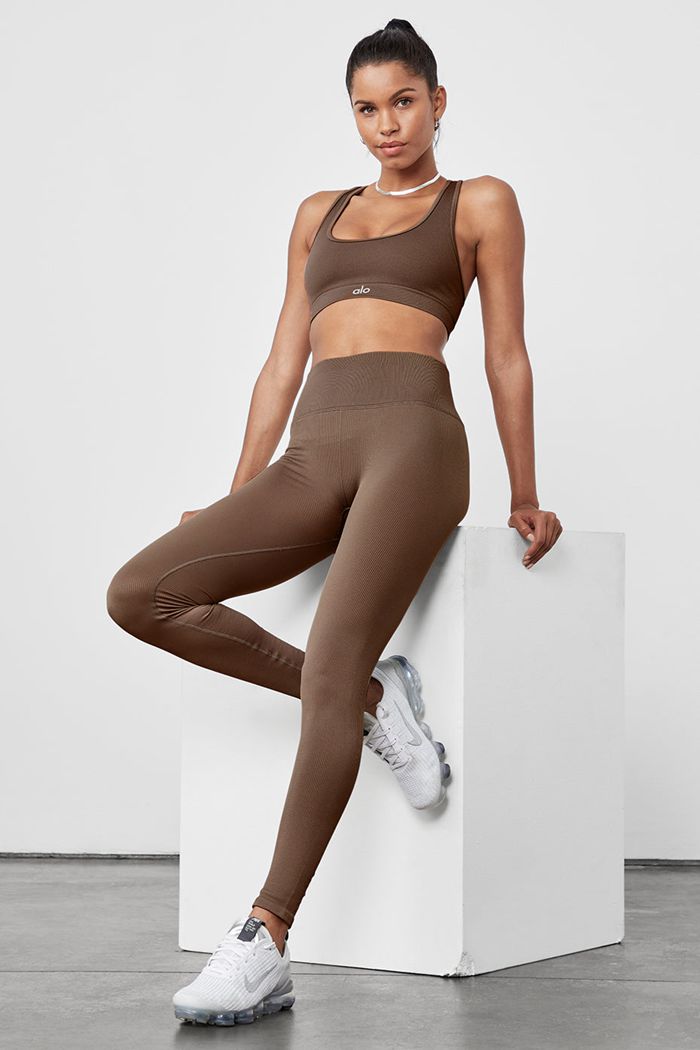 Legginsy Alo Yoga Seamless High-Stanem Ribbed Damskie Brązowe | AJVHF1306