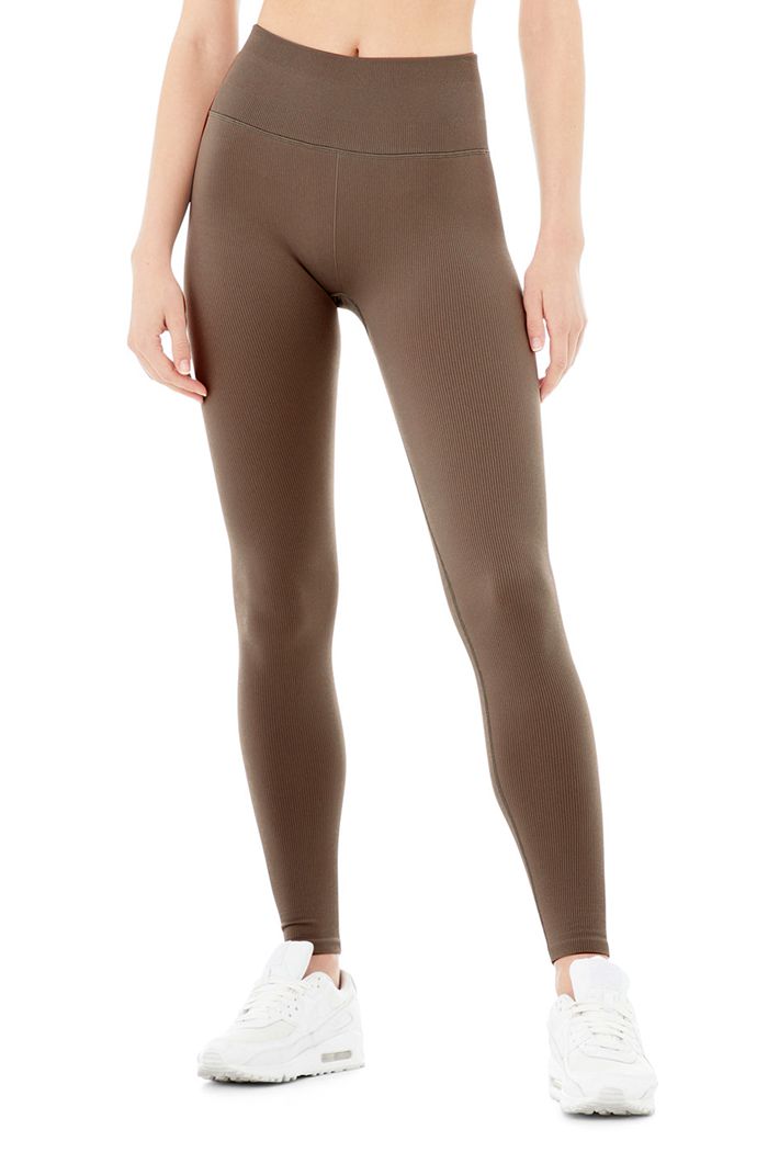 Legginsy Alo Yoga Seamless High-Stanem Ribbed Damskie Brązowe | AJVHF1306