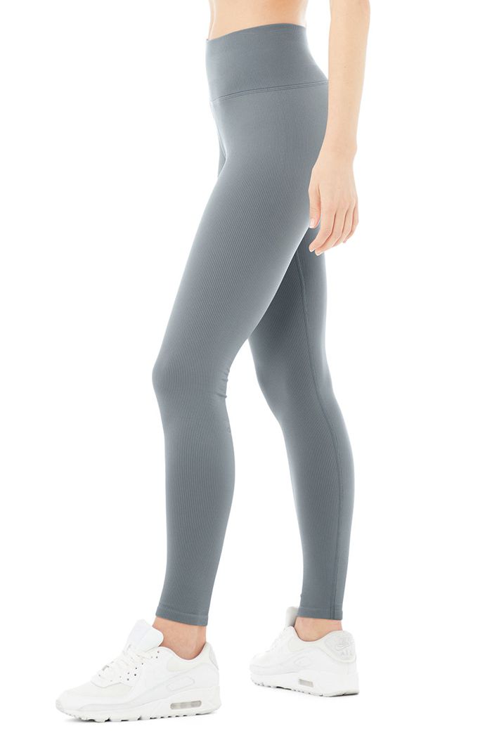 Legginsy Alo Yoga Seamless High-Stanem Ribbed Damskie Szare | HRFBA4521