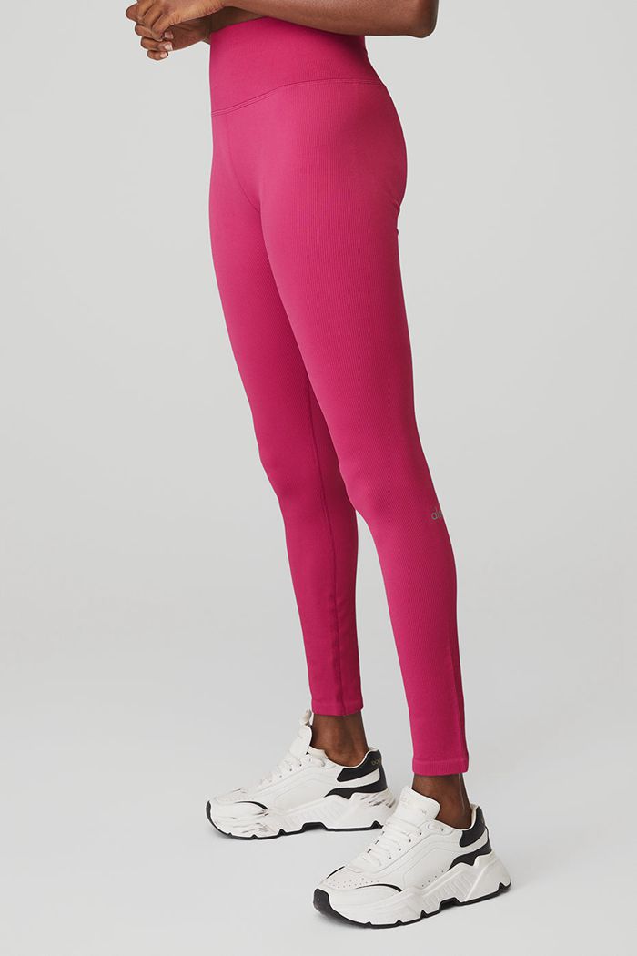 Legginsy Alo Yoga Seamless High-Stanem Ribbed Damskie Czerwone | IUDVE1078