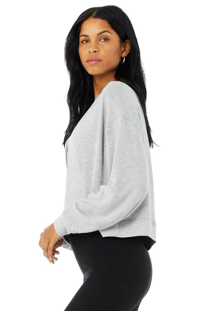 Long Sleeve Alo Yoga Alolux Soho Crop Henley Damskie Szare | ADOIE7063