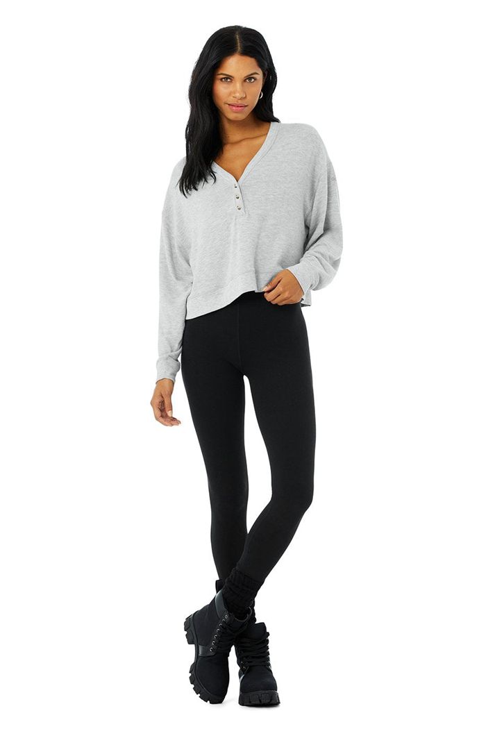 Long Sleeve Alo Yoga Alolux Soho Crop Henley Damskie Szare | ADOIE7063