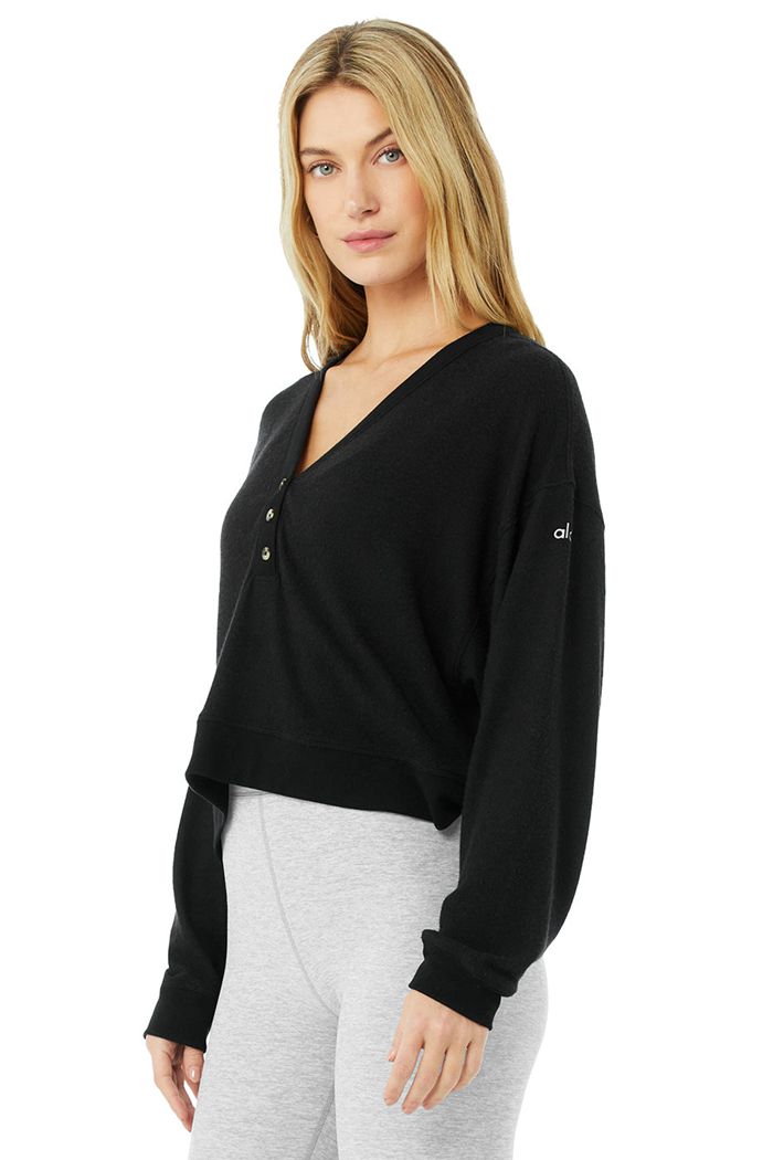 Long Sleeve Alo Yoga Alolux Soho Crop Henley Damskie Czarne | IVPEC4615