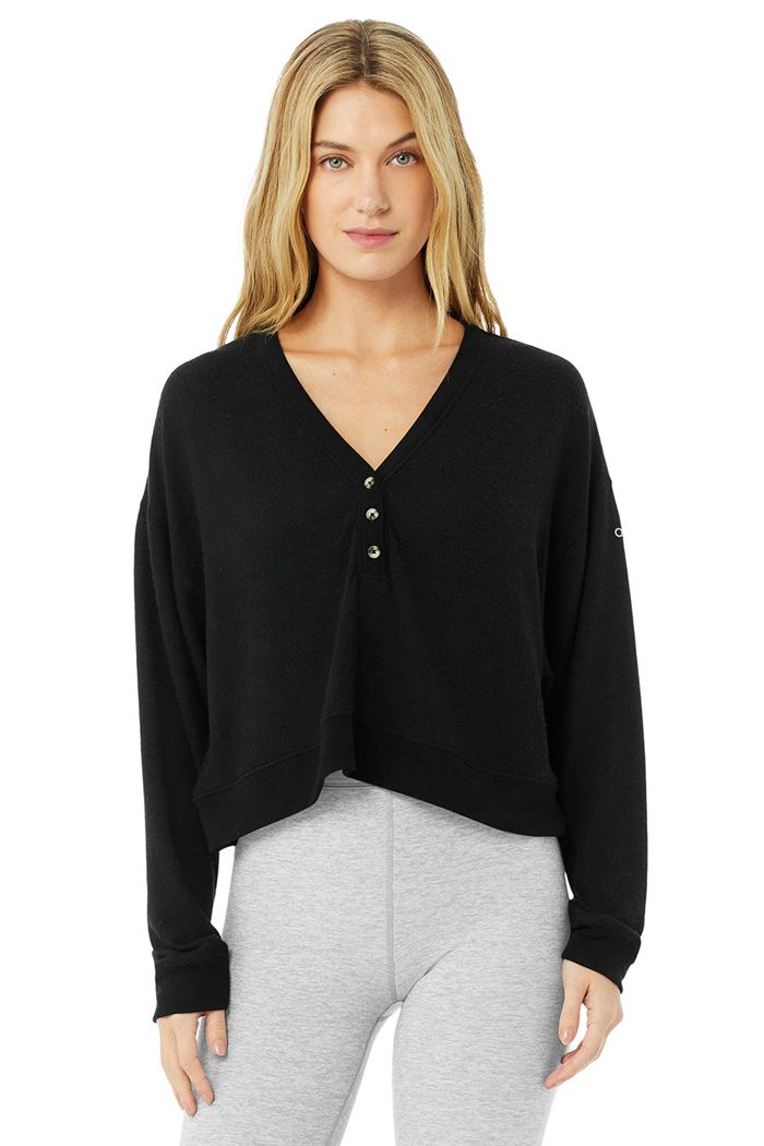 Long Sleeve Alo Yoga Alolux Soho Crop Henley Damskie Czarne | IVPEC4615