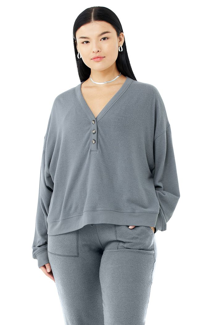 Long Sleeve Alo Yoga Alolux Soho Cropped Henley Damskie Szare | MEGKS2736