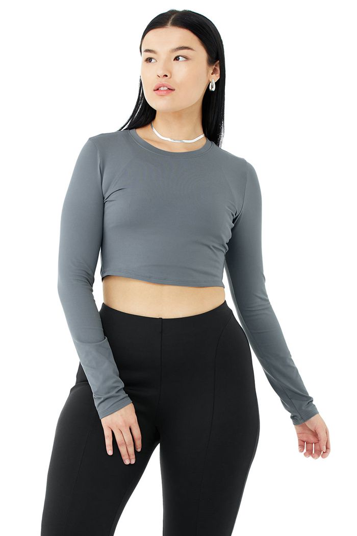 Long Sleeve Alo Yoga Alosoft Crop Finesse Damskie Szare | DZIHR0287