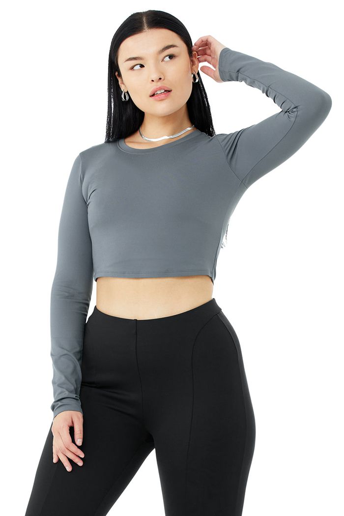 Long Sleeve Alo Yoga Alosoft Crop Finesse Damskie Szare | DZIHR0287