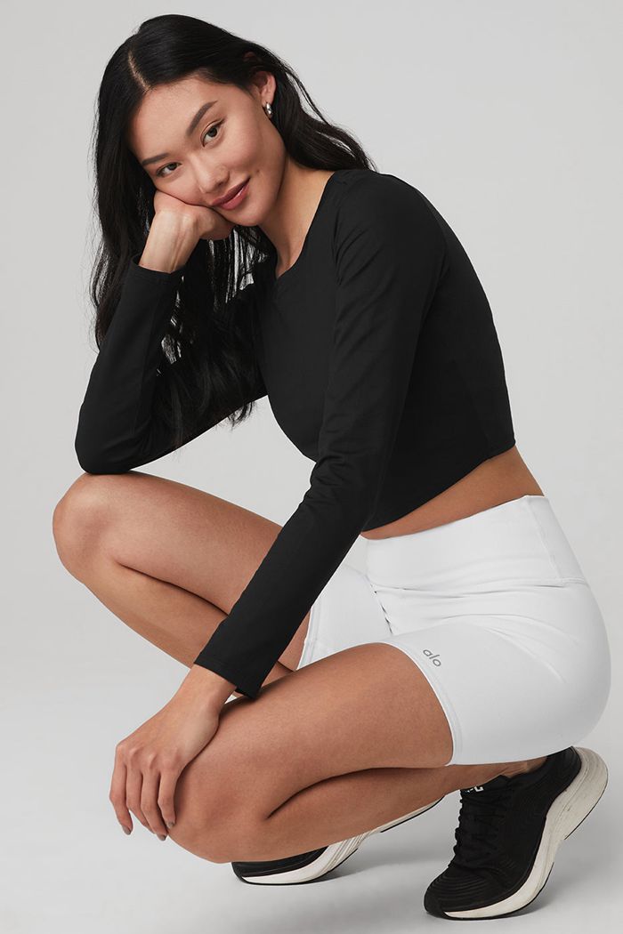 Long Sleeve Alo Yoga Alosoft Crop Finesse Damskie Czarne | TNPJR5349