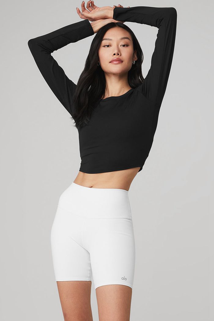 Long Sleeve Alo Yoga Alosoft Crop Finesse Damskie Czarne | TNPJR5349