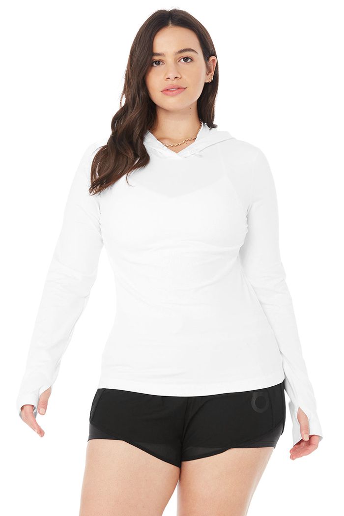 Long Sleeve Alo Yoga Alosoft Zakapturzony Runner Damskie Białe | OMPXD3015