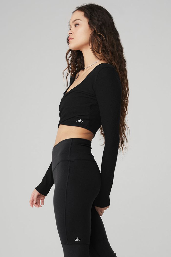 Long Sleeve Alo Yoga Amelia Luxe Crop Damskie Czarne | DLOMF9182