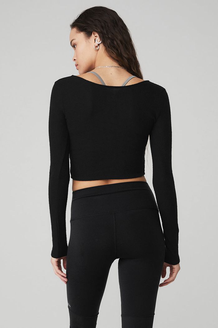 Long Sleeve Alo Yoga Amelia Luxe Crop Damskie Czarne | DLOMF9182