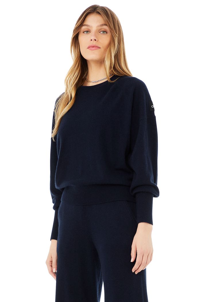 Long Sleeve Alo Yoga Cashmere Jet Set Crew Damskie Granatowe | KUCDB9053