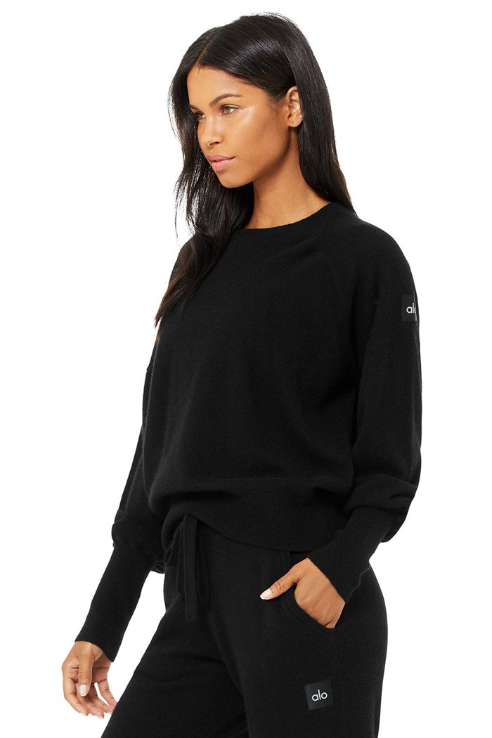 Long Sleeve Alo Yoga Cashmere Jet Set Crew Damskie Czarne | OWRGY6413