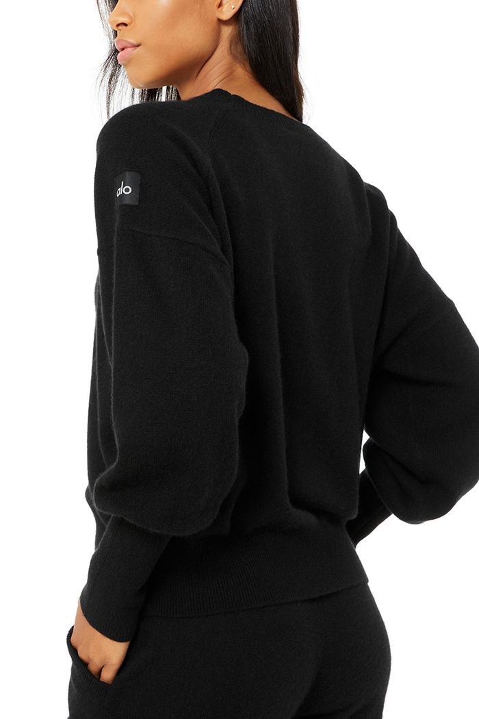 Long Sleeve Alo Yoga Cashmere Jet Set Crew Damskie Czarne | OWRGY6413