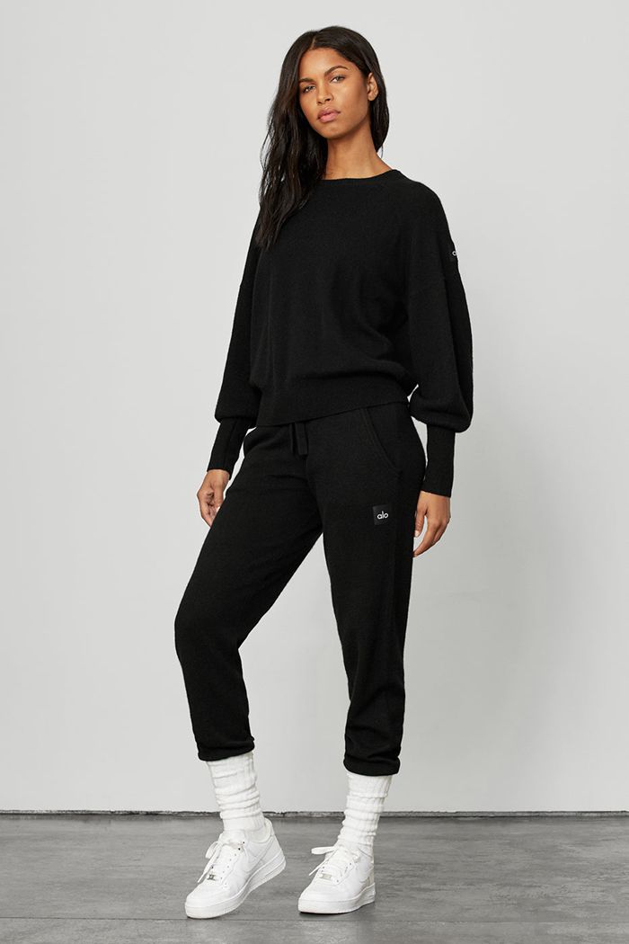 Long Sleeve Alo Yoga Cashmere Jet Set Crew Damskie Czarne | OWRGY6413