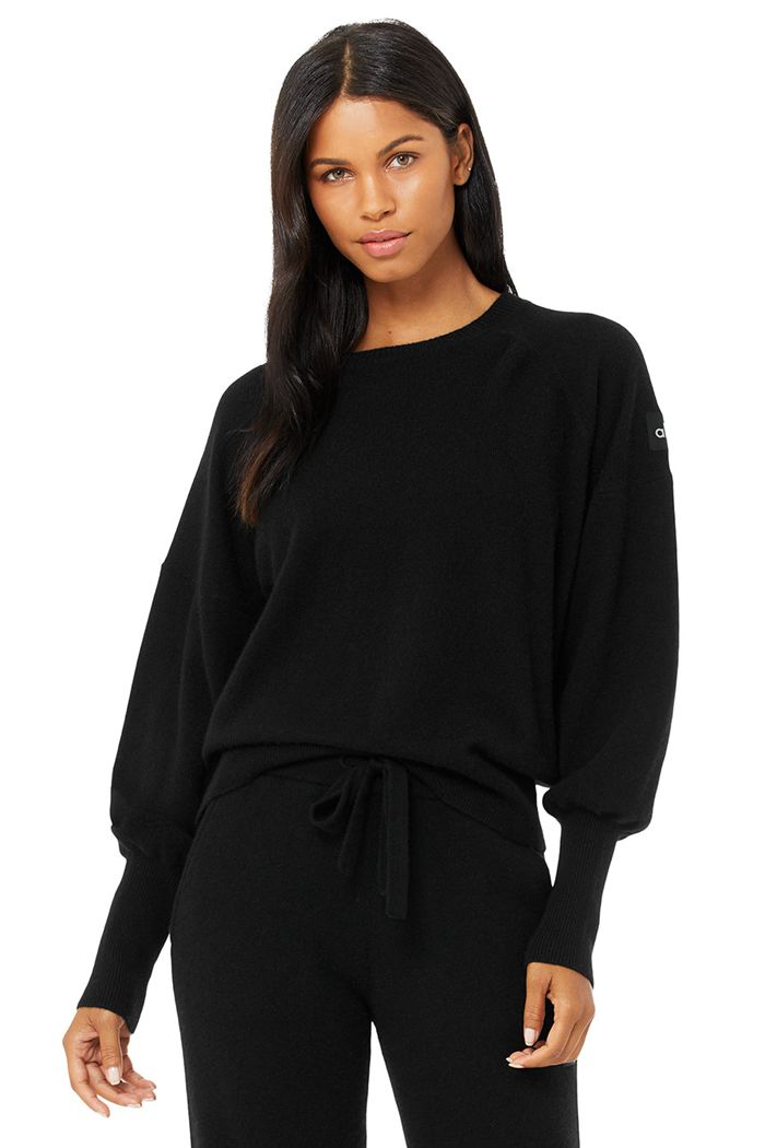 Long Sleeve Alo Yoga Cashmere Jet Set Crew Damskie Czarne | OWRGY6413