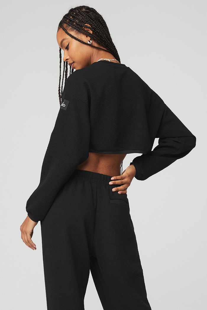 Long Sleeve Alo Yoga Cropped Tailored Crew Neck Damskie Czarne | TRQUL6914