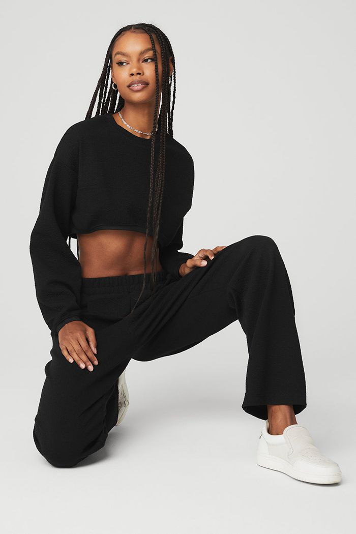 Long Sleeve Alo Yoga Cropped Tailored Crew Neck Damskie Czarne | TRQUL6914