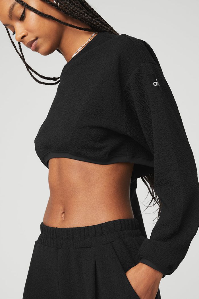 Long Sleeve Alo Yoga Cropped Tailored Crew Neck Damskie Czarne | TRQUL6914