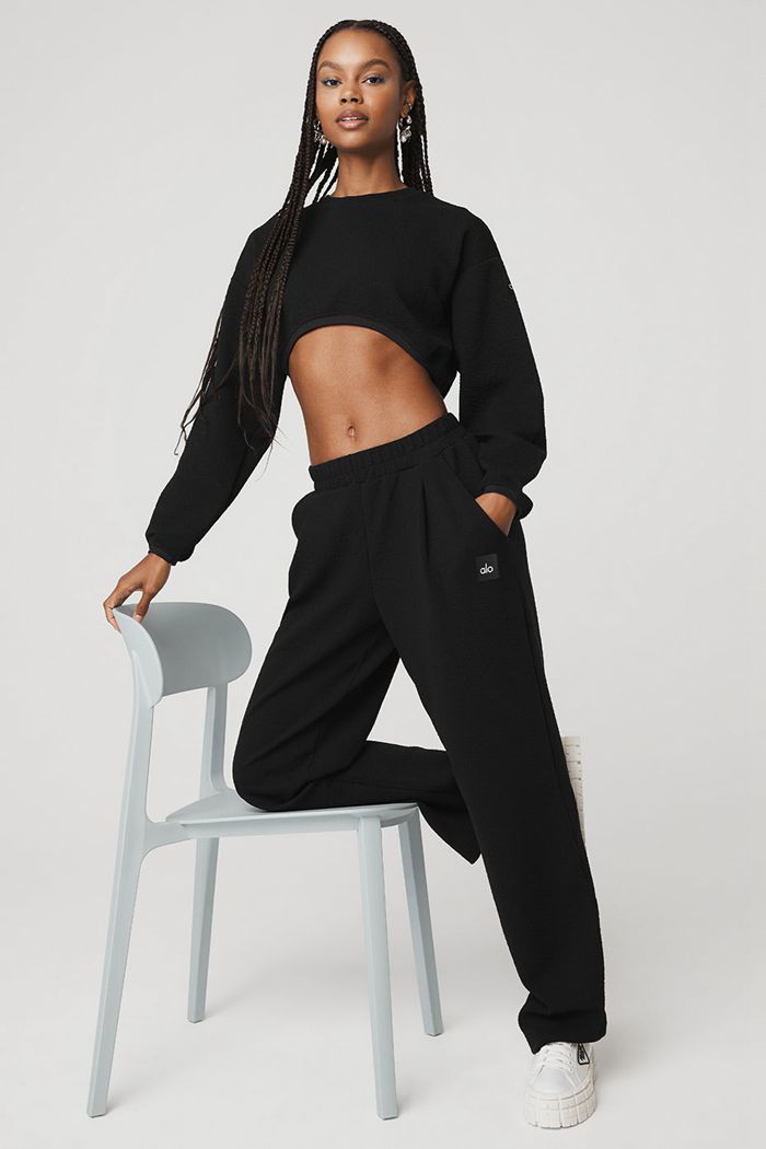 Long Sleeve Alo Yoga Cropped Tailored Crew Neck Damskie Czarne | TRQUL6914