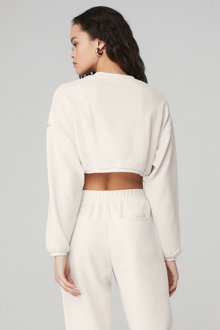 Long Sleeve Alo Yoga Cropped Tailored Crew Neck Damskie Białe | YSWUO9423