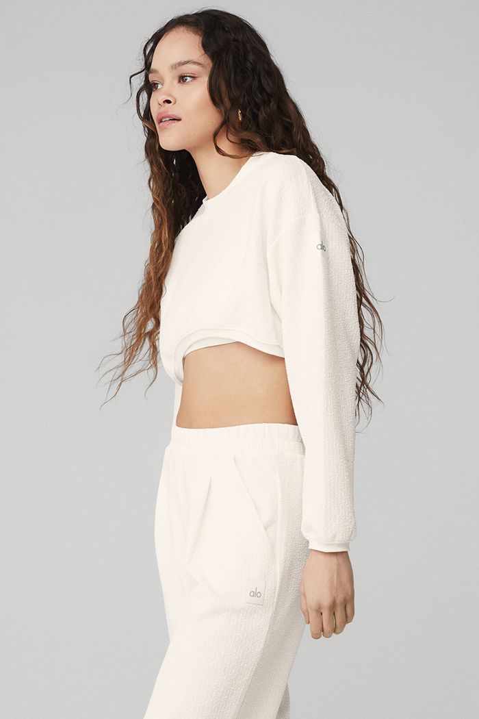 Long Sleeve Alo Yoga Cropped Tailored Crew Neck Damskie Białe | YSWUO9423