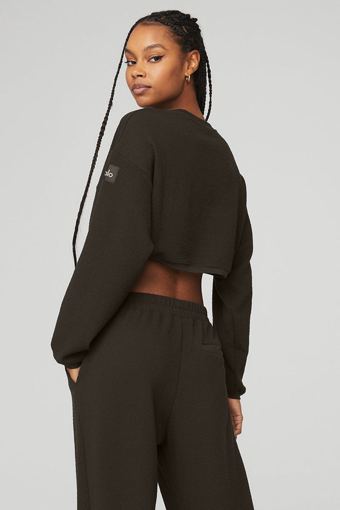 Long Sleeve Alo Yoga Cropped Tailored Crew Neck Damskie Czarne | YZWQU9157