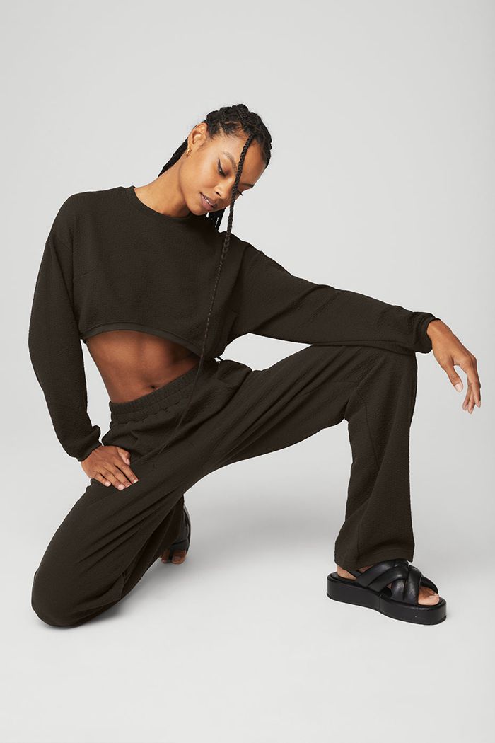 Long Sleeve Alo Yoga Cropped Tailored Crew Neck Damskie Czarne | YZWQU9157