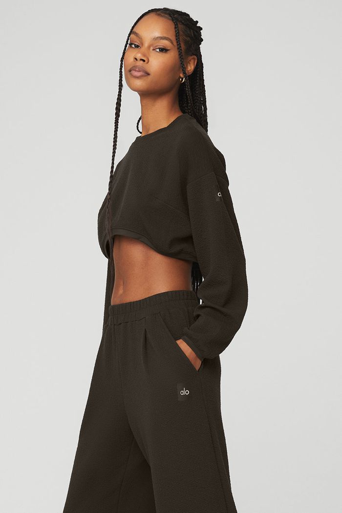 Long Sleeve Alo Yoga Cropped Tailored Crew Neck Damskie Czarne | YZWQU9157