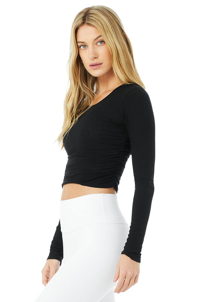 Long Sleeve Alo Yoga Gather Damskie Czarne | GYJQV8642