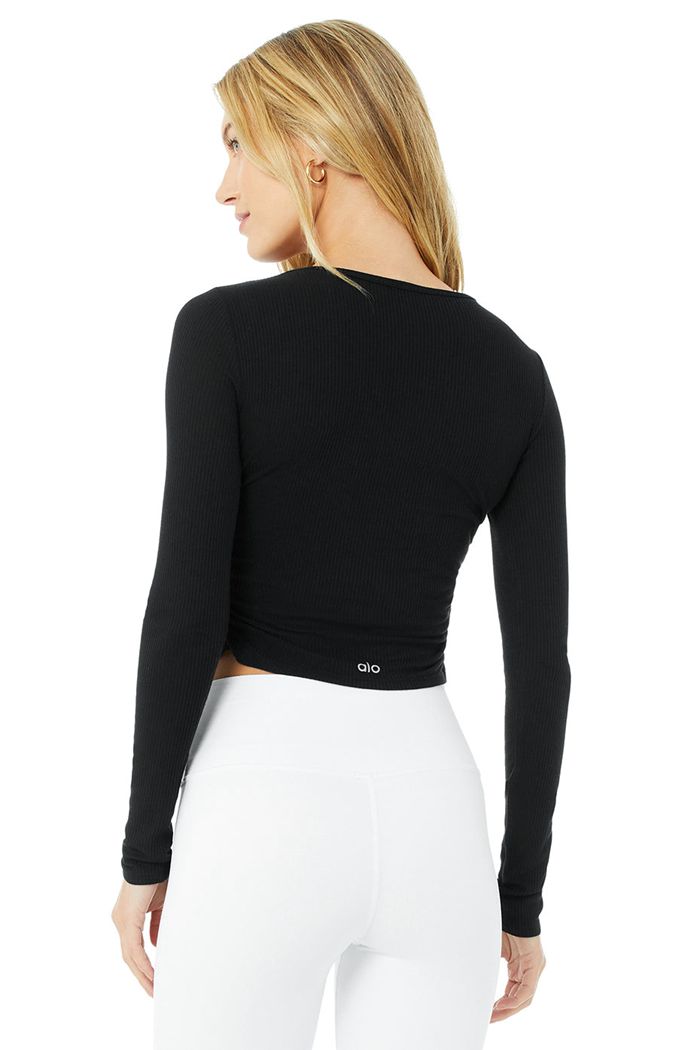 Long Sleeve Alo Yoga Gather Damskie Czarne | GYJQV8642