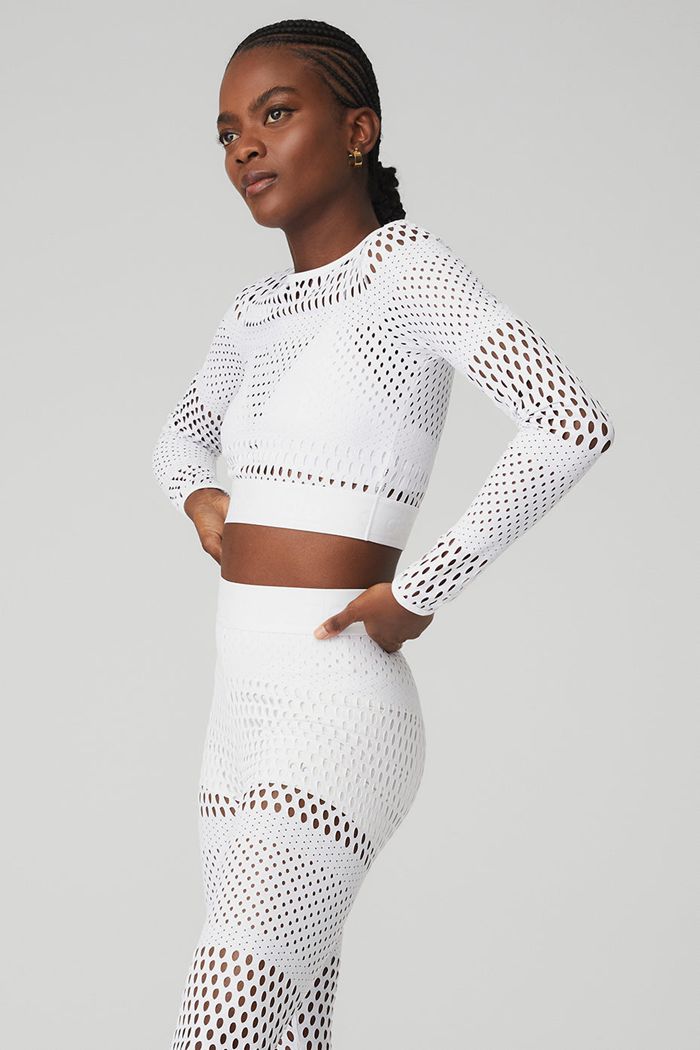 Long Sleeve Alo Yoga Mesh Haute Summer Damskie Białe | XFDPT3049