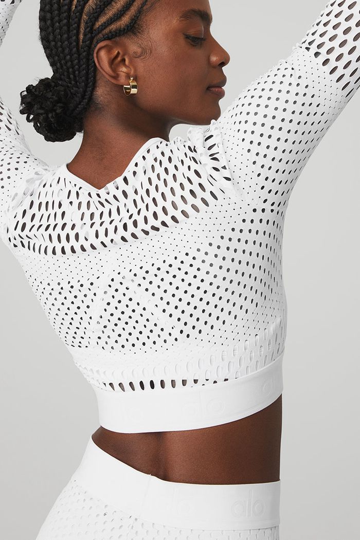 Long Sleeve Alo Yoga Mesh Haute Summer Damskie Białe | XFDPT3049