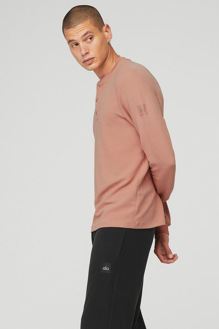 Long Sleeve Alo Yoga Micro Waffle Fast Break Henley Męskie Różowe | DISWQ9804