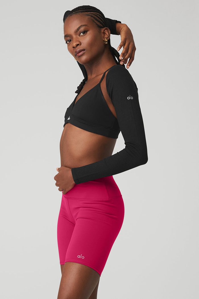 Long Sleeve Alo Yoga Ribbed Amelia Damskie Czarne | EBRFD7804