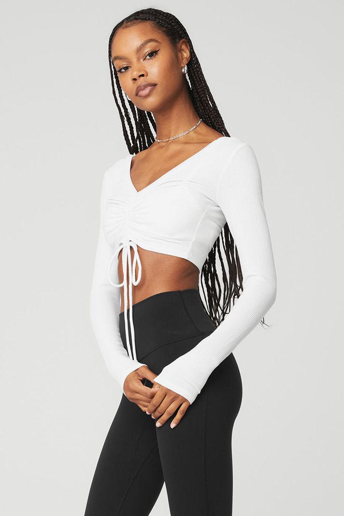 Long Sleeve Alo Yoga Ribbed Cinch Cropped Damskie Białe | EAUBO9640