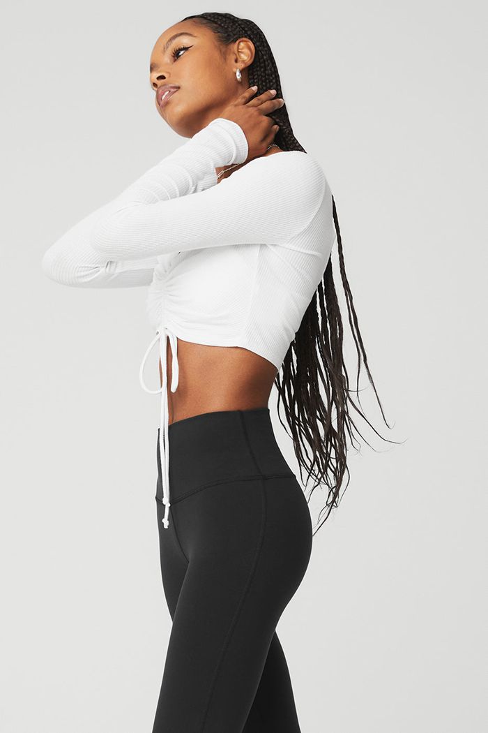 Long Sleeve Alo Yoga Ribbed Cinch Cropped Damskie Białe | EAUBO9640