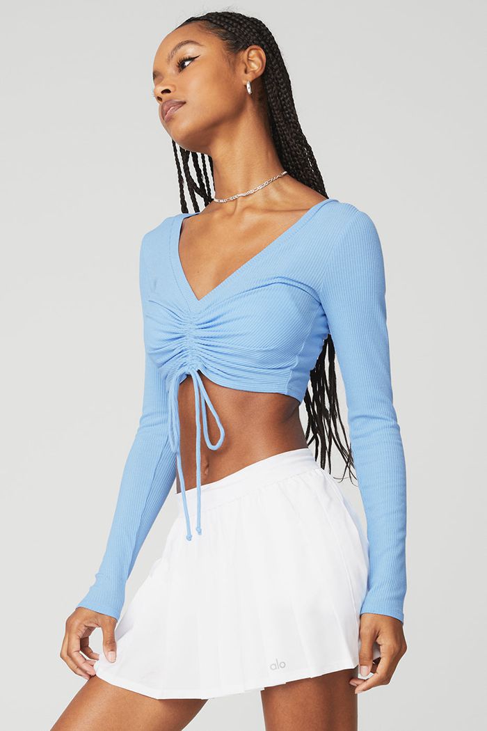 Long Sleeve Alo Yoga Ribbed Cinch Cropped Damskie Niebieskie | LDBTZ9736