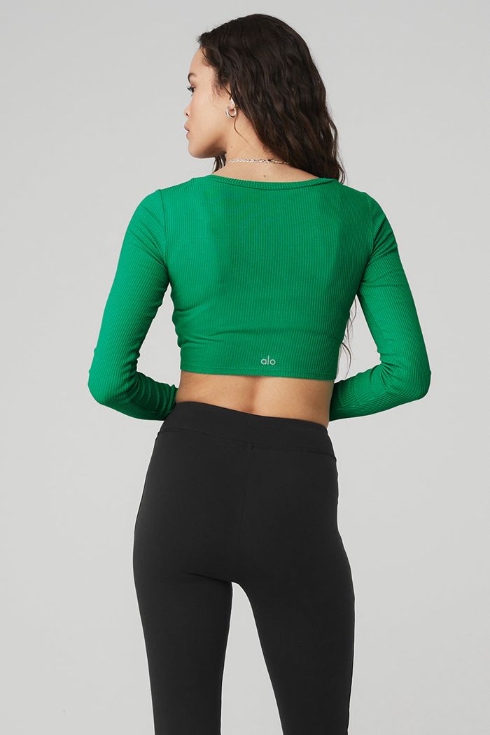 Long Sleeve Alo Yoga Ribbed Cinch Cropped Damskie Zielone Turkusowe | QFREO0428