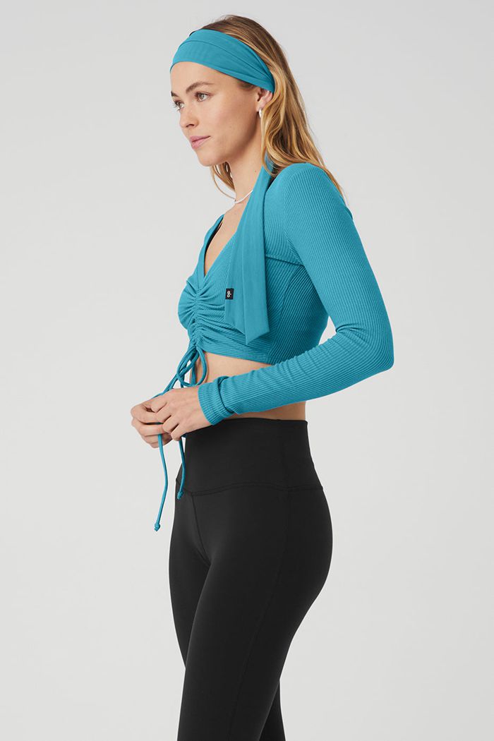 Long Sleeve Alo Yoga Ribbed Cinch Cropped Damskie Niebieskie | XKYNC4783