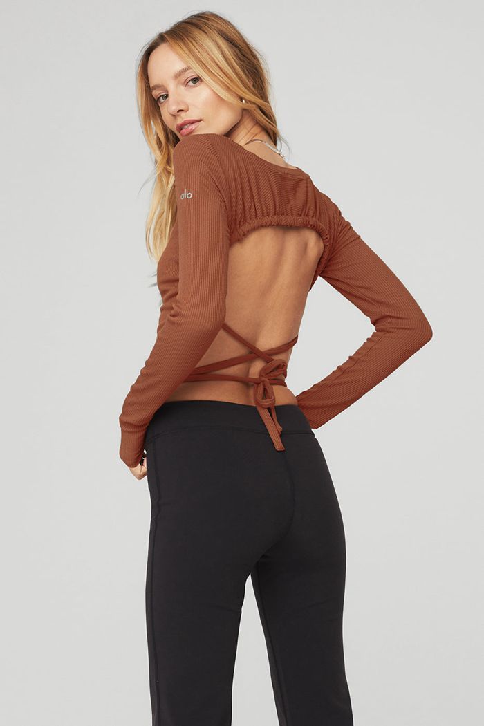 Long Sleeve Alo Yoga Ribbed Manifest Damskie Czerwone | RZLQN7692