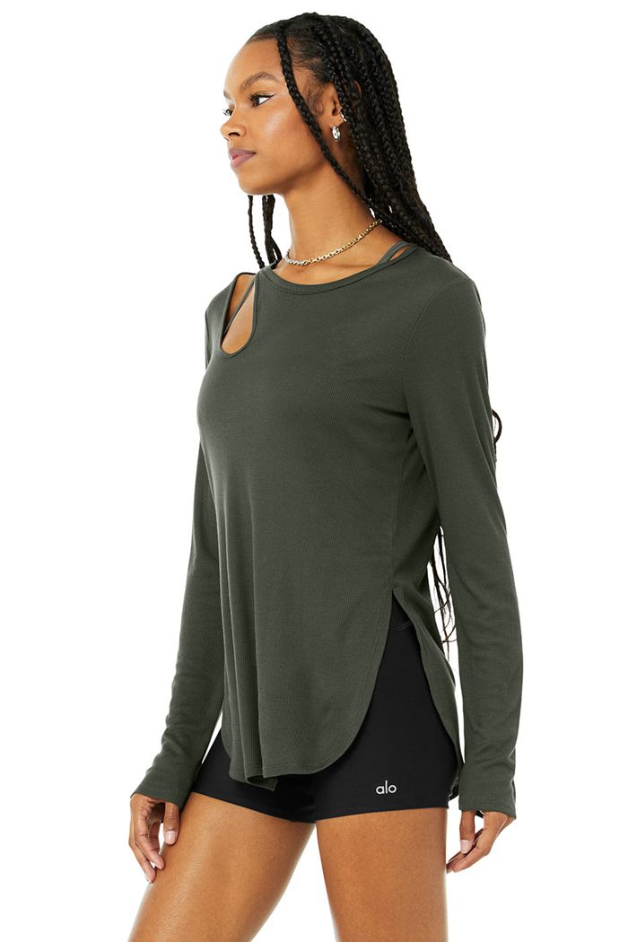 Long Sleeve Alo Yoga Ribbed Peak Damskie Ciemny Zielone | VMQYE7264